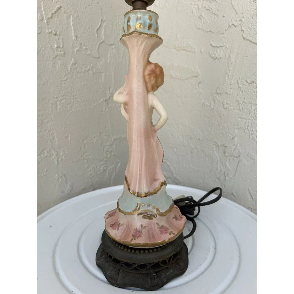 Automax Ny Mid Century cherub figure Porcelain Table Lamp Hand Painted